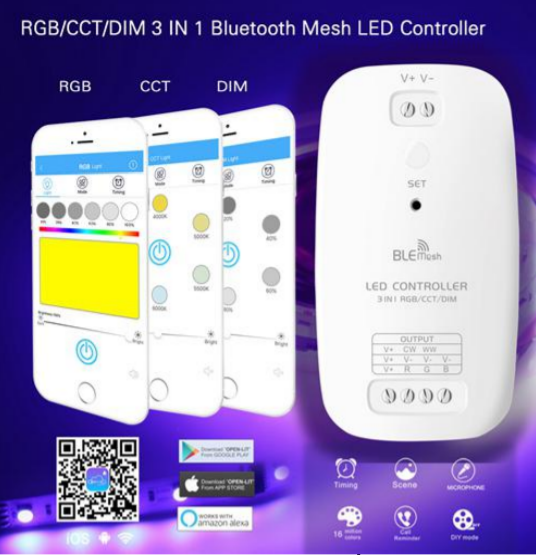 LED 3 In 1 RGB/CCT/DIM Bluetooth Mesh Controller 9-24V 3 Ch