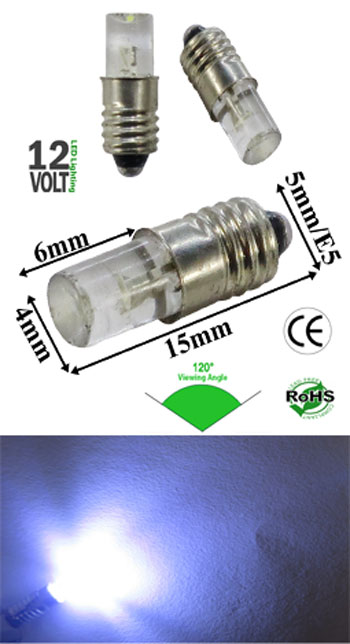 Midget Screw Concave LED Light 12 VDC 90 Degree Dim-able E5