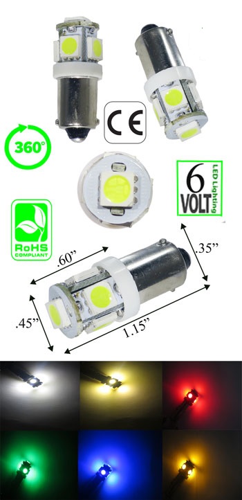 BA9S 6 Volt DC 5 LED 360 Degree Dimmable T3-1/4