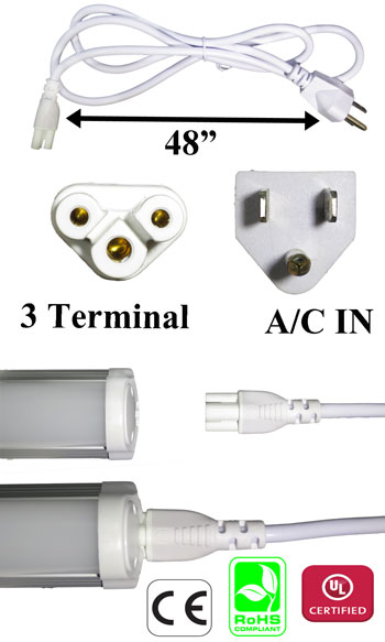 AC Power Cord 3 Terminal Female for T5 or T8 Tube White
