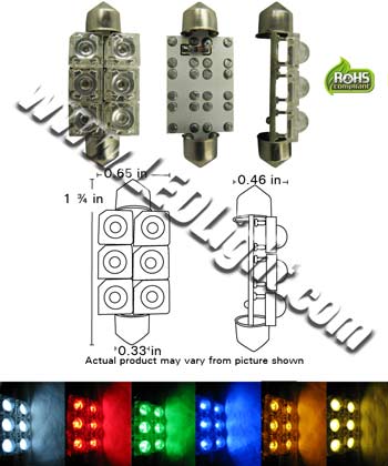Festoon Super Flux 6 LED Light 1-3/4-Inches 42mm 12 Volt DC product 89786