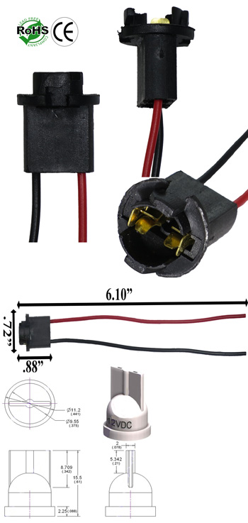 Socket T10 Wedge Plastic Black 6 Inches Wire