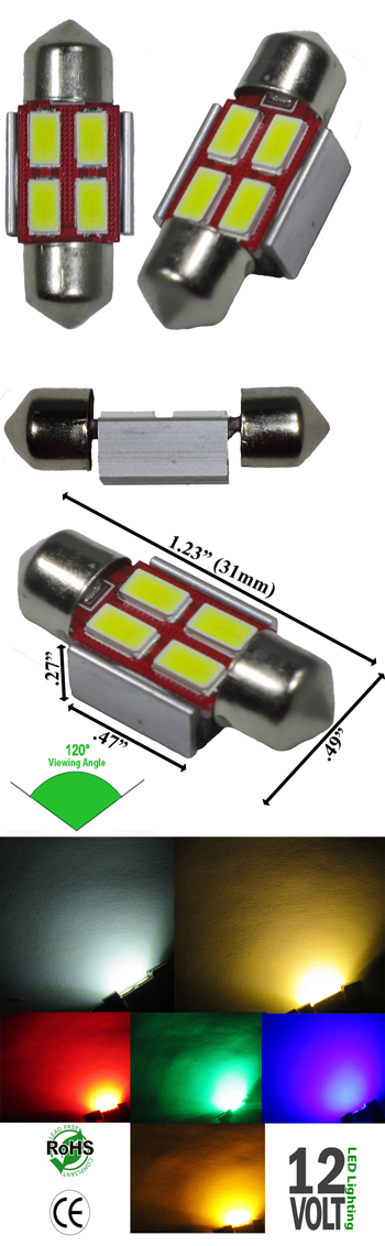 Festoon 31mm 2 Watt 4 x 5730 SMD 12V AC/DC 1-1/4-Inch