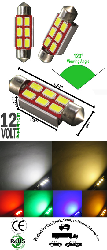 Festoon 39mm 3 Watt 6 x 5730 SMD 12V AC/DC 1 1/2 inch