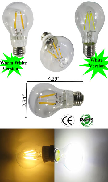 A19 LED Filament 4W E27 120VAC Non Dimmable 