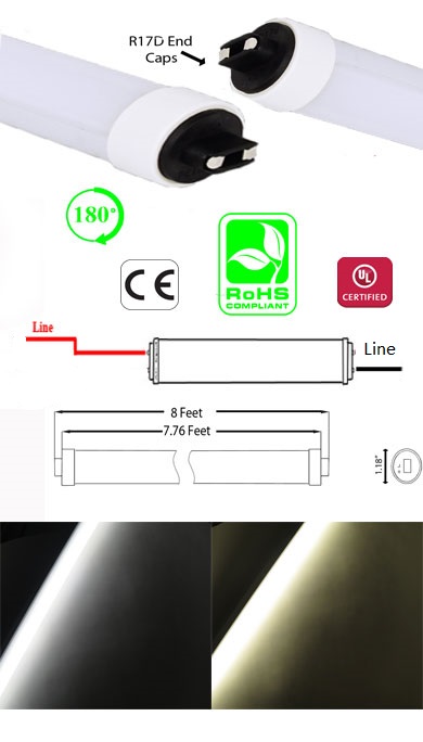 T8 T12 LED Tube 40 Watt  8 Foot 90-277VAC Frosted Lens R17D Power Both Ends