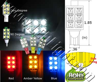 Side Firing Super Flux 6 LED Light T10 Wedge 12V AC/DC Dim-able product 45628