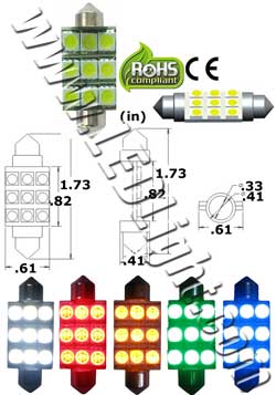 Festoon SMD 9 5050 LED Light 1 3/4 Inches or 41 mm 12 Volt DC