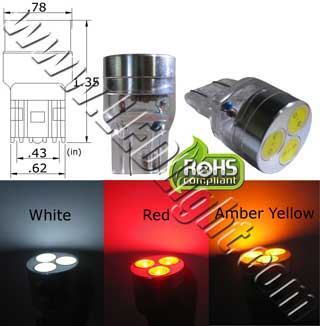 T20 Wedge Hi Power Three 1 Watt LED Light 12 VDC