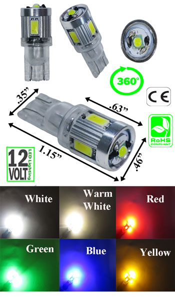 194 LED Bulb T10 Wedge Base 3 Watt + 2 Watt AC or DC Automotive - LEDLight