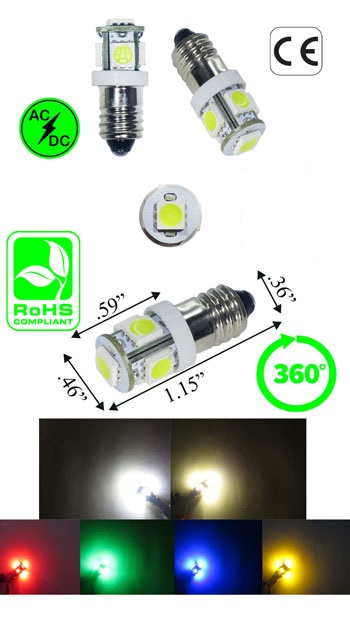 E10 LED Miniature Screw 5 SMD 12 To 16 Volt AC Or DC Non Polarity