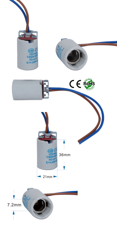 E14 female Socket Ceramic 250 Volt 2 Amp with Pigtail wires