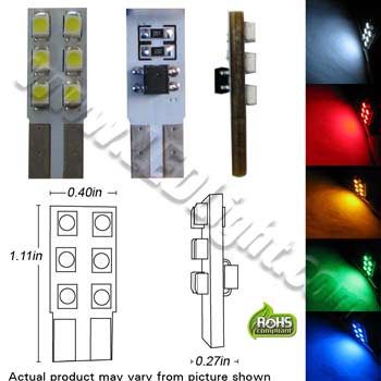 T10 Wedge 6 Ultra Bright SMD. L.E.D. 12V AC