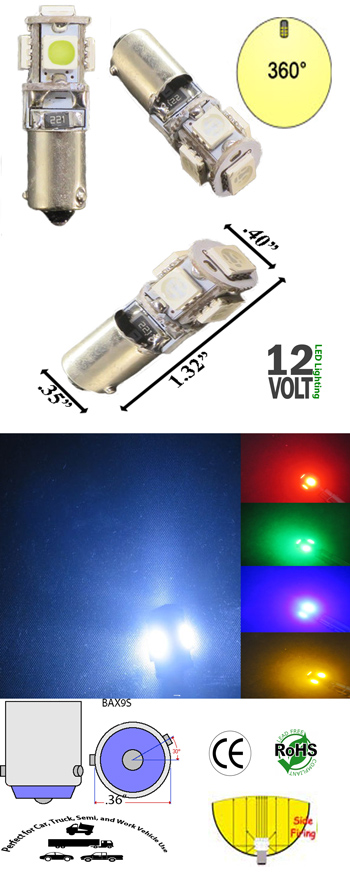 Miniature Bulb BAX9S Base 5 5050 1.5W LED 12V DC T3 1/4