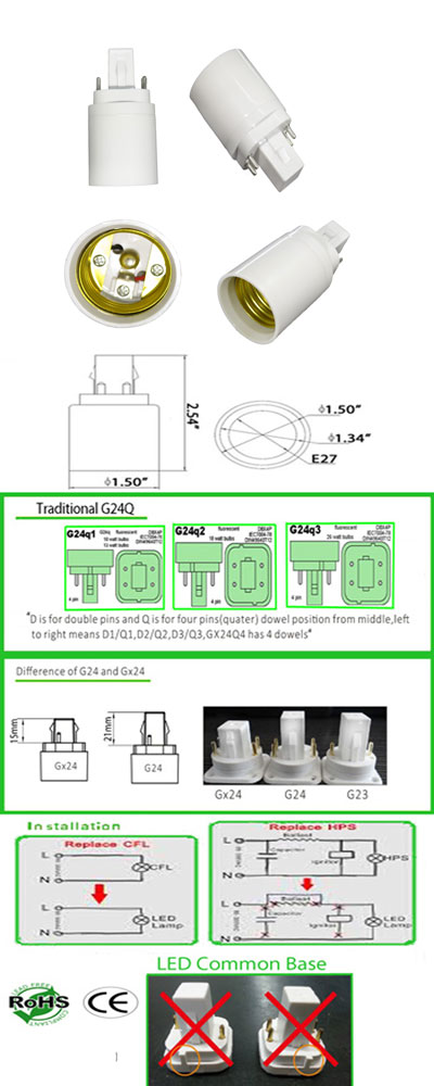 Details about   1Pcs G24q 4 Pin 15mm To E27 Screw LED Light Bulb Lamp Adapter Converter B7E2 