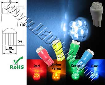 image of a t10 wedge 6 led light bulb